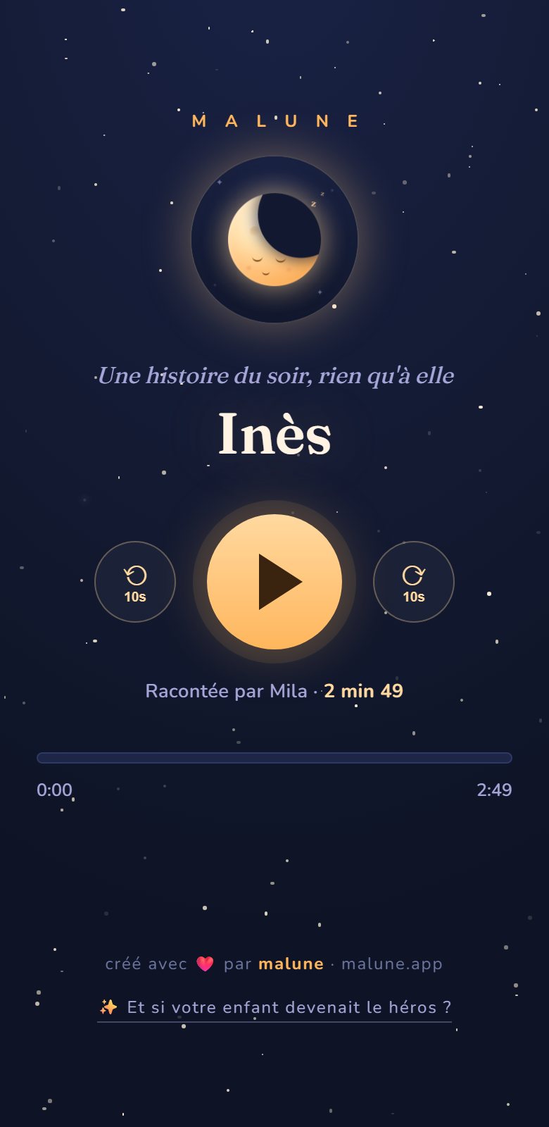 Page d'histoire personnalisée Malune au prénom de l'enfant, avec lecteur audio pour l'écouter le soir (exemple : Inès)